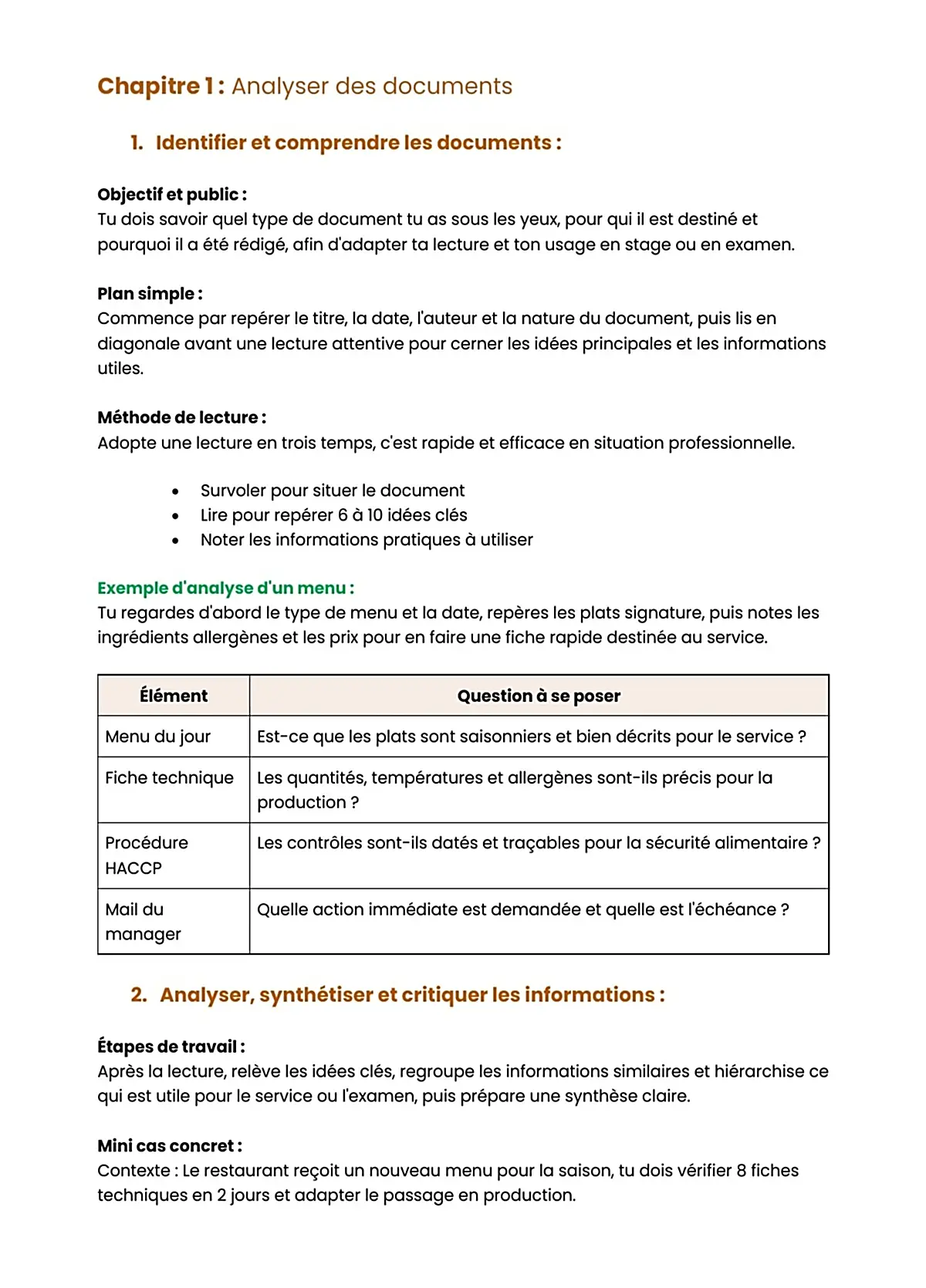 Example Fiche de Révision BP Restaurant